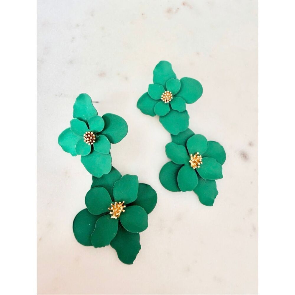 Emerald Green Floral Statement Earrings Layered Flower Drop Earrings Gold Tone